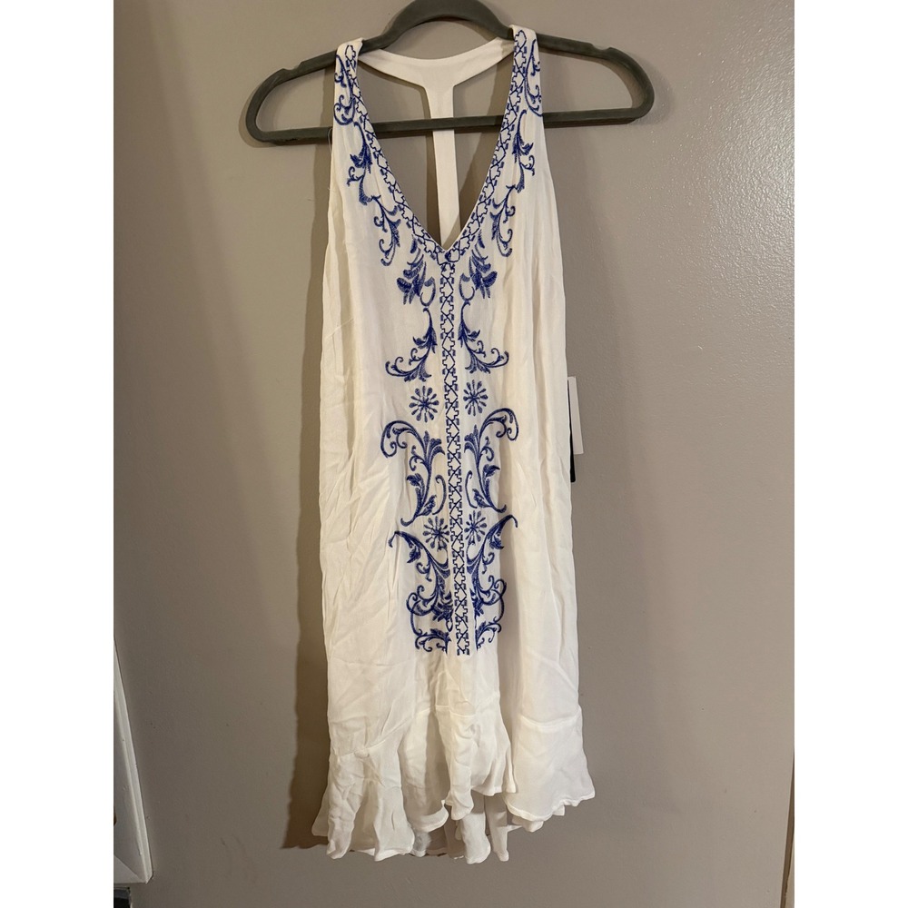 Sequin Hearts Ivory Blue Embroidered T-Back Ruffle High-Low Dress 8575XX1D M